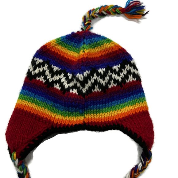 Cold Winter Multicolor Hat Nepal Beanie Rainbow Pigtails Wool Knit Stripe - Picture 4 of 6